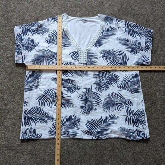 Modai linen cotton tropical leaf pattern crochet V-neck Tshirt blouse women's 3X - Picture 8 of 10